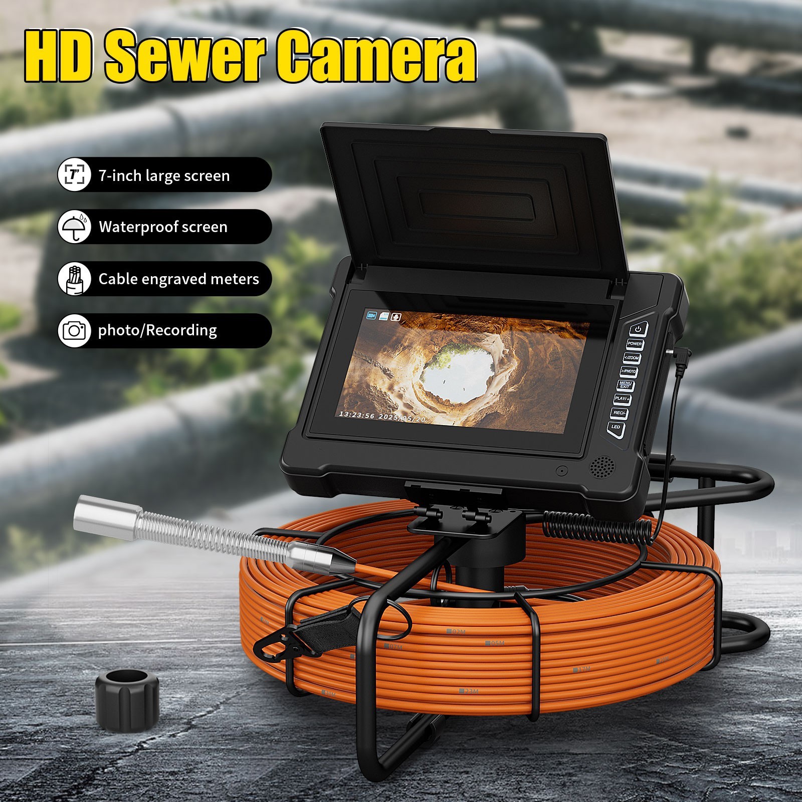 40M Sewer Pipe Inspection Camera Drain Sewer Pipeline Industrial Endoscope 7inch