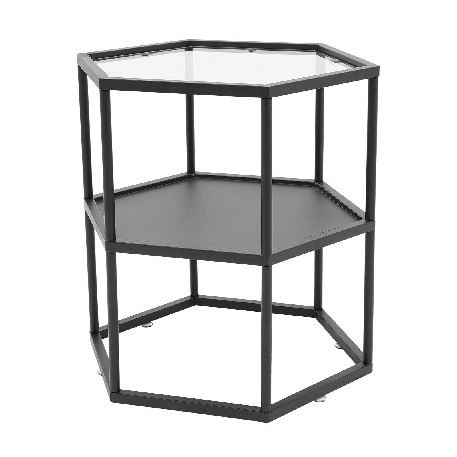 Modern Side Table, Hexagonal Side Table, Iron Side Table with 2-Tier Storage She