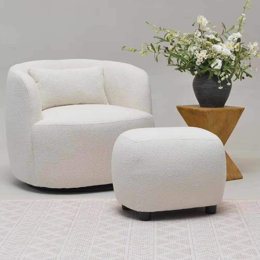 Beige Boucle Upholstered Footrest round Ottoman