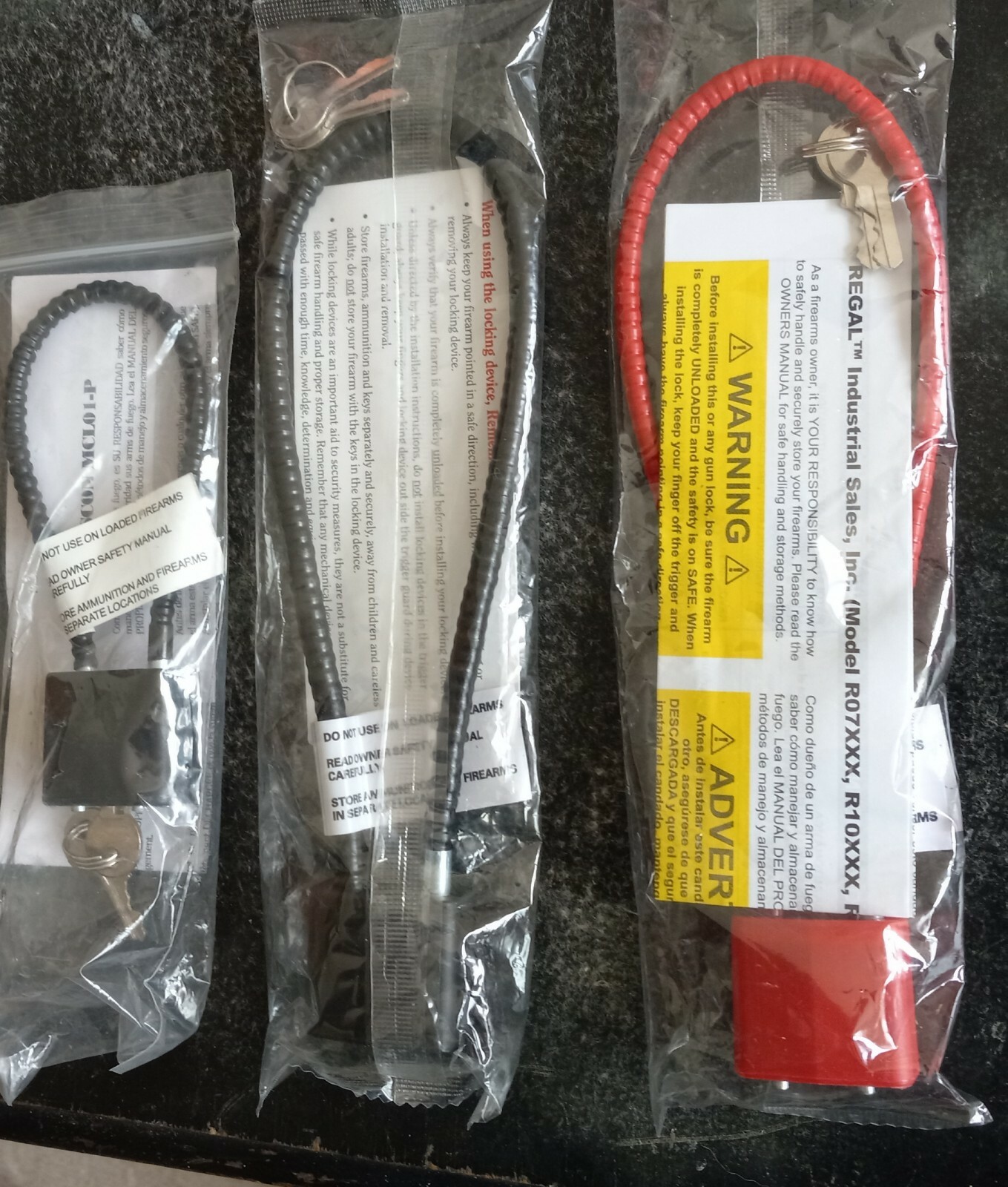 Gun Locks, Lot of 3 PISTOL or Rifle Safety,  Regal R15LC1, ruger cable padlock v