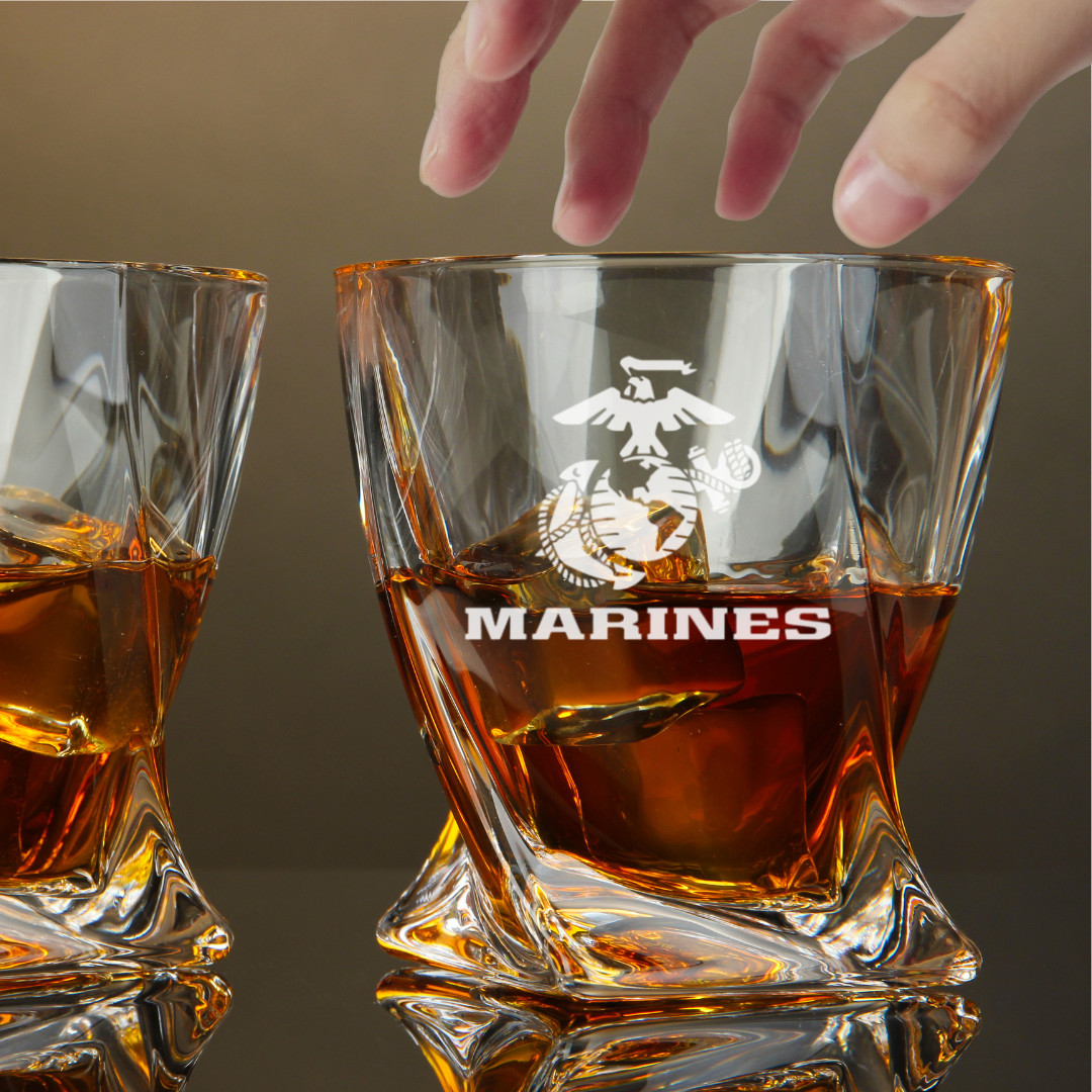 Custom Engraved US Marines Whiskey Glass – 10 oz Twisted Rocks Glass