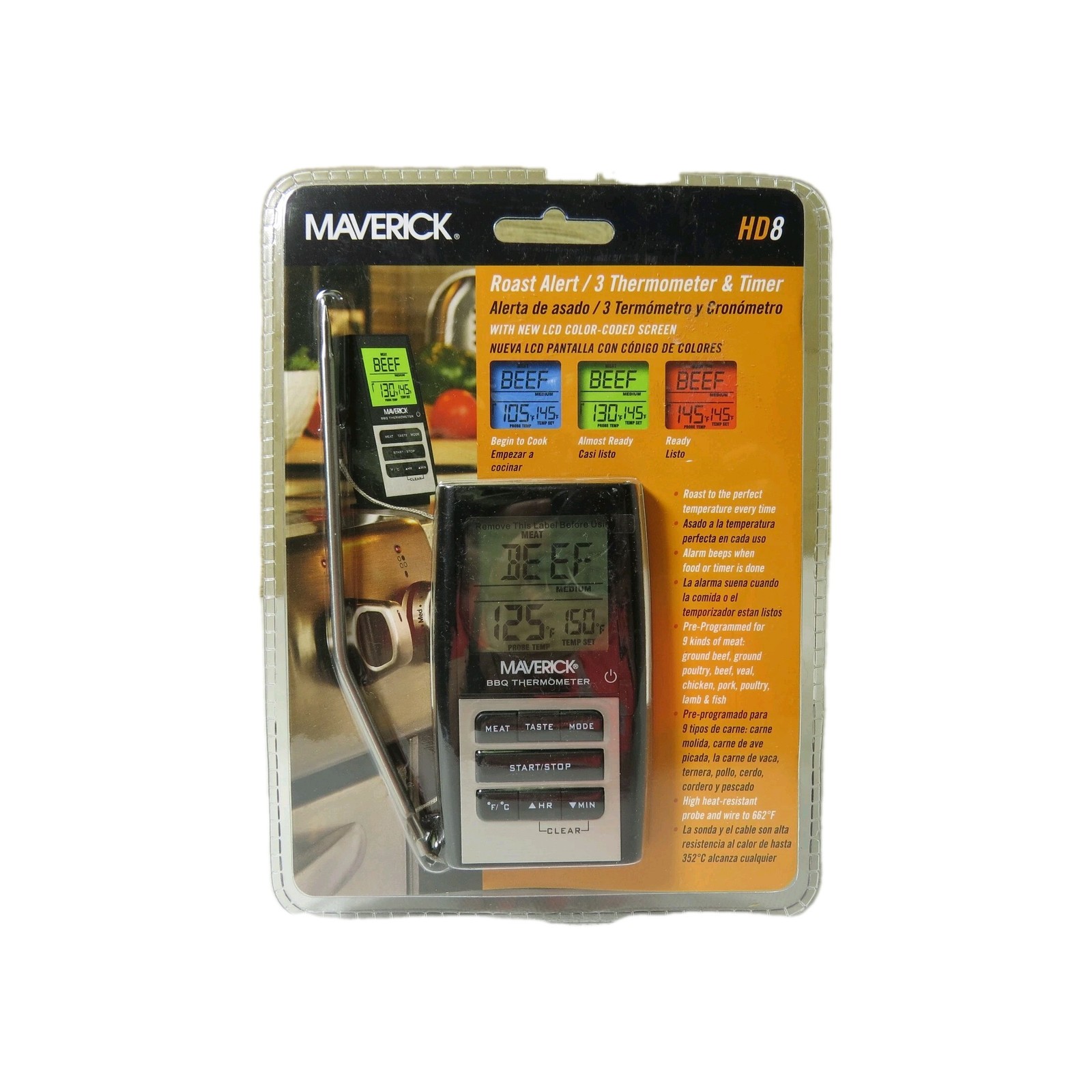 Maverick Meat Thermometer & Timer w/ LCD Color-Coded Screen HD8