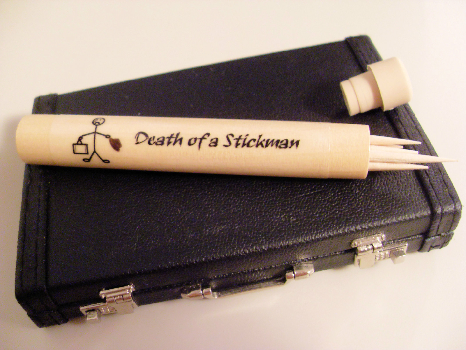 "Death of a Stickman" (Salesman) Travel Toothpick Holder!  BUSINESS, BRIEFCASE
