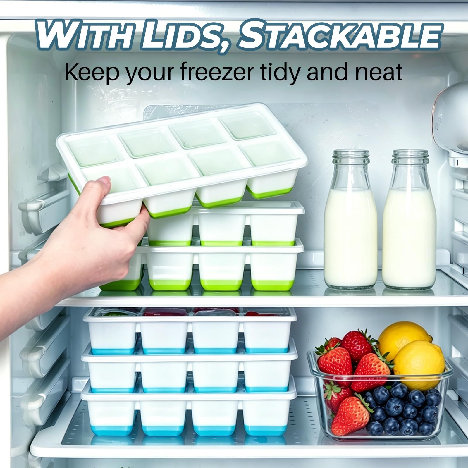 Large Ice Cube Trays with Lid, Jrisbo 2 Pack Stackable Silicone Large, Green