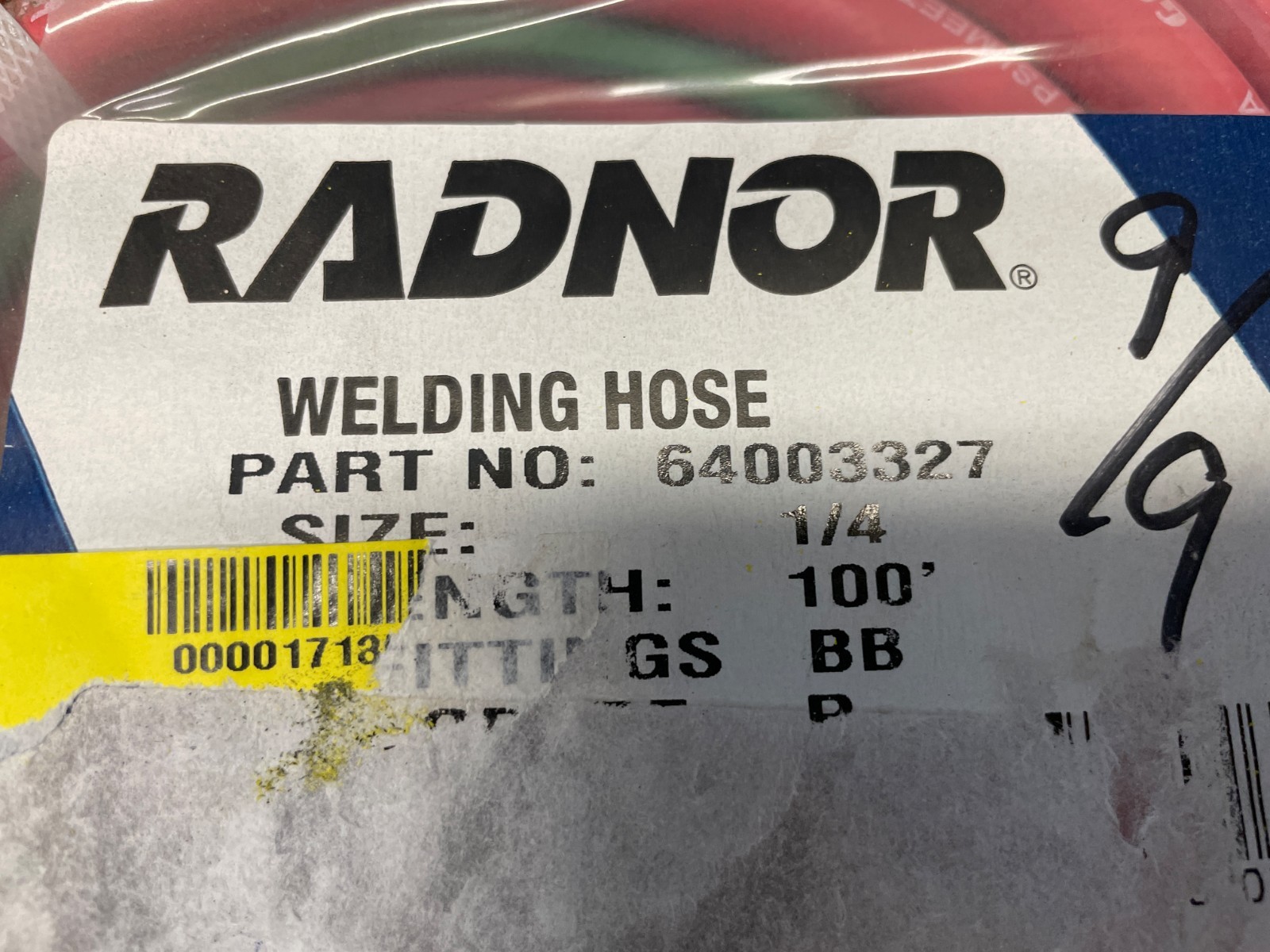 RADNOR™ 1/4" X 100' Red And Green EPDM Rubber Twin Hose With BB Hose Fittings