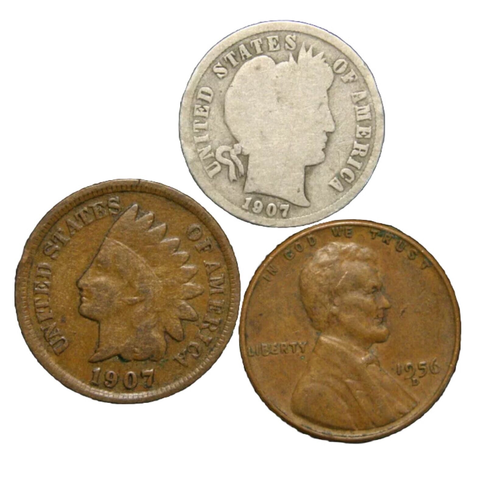 Lot Of 3 Vintage Coins SILVER Barber Dime Indian Head Cent Wheat Cent