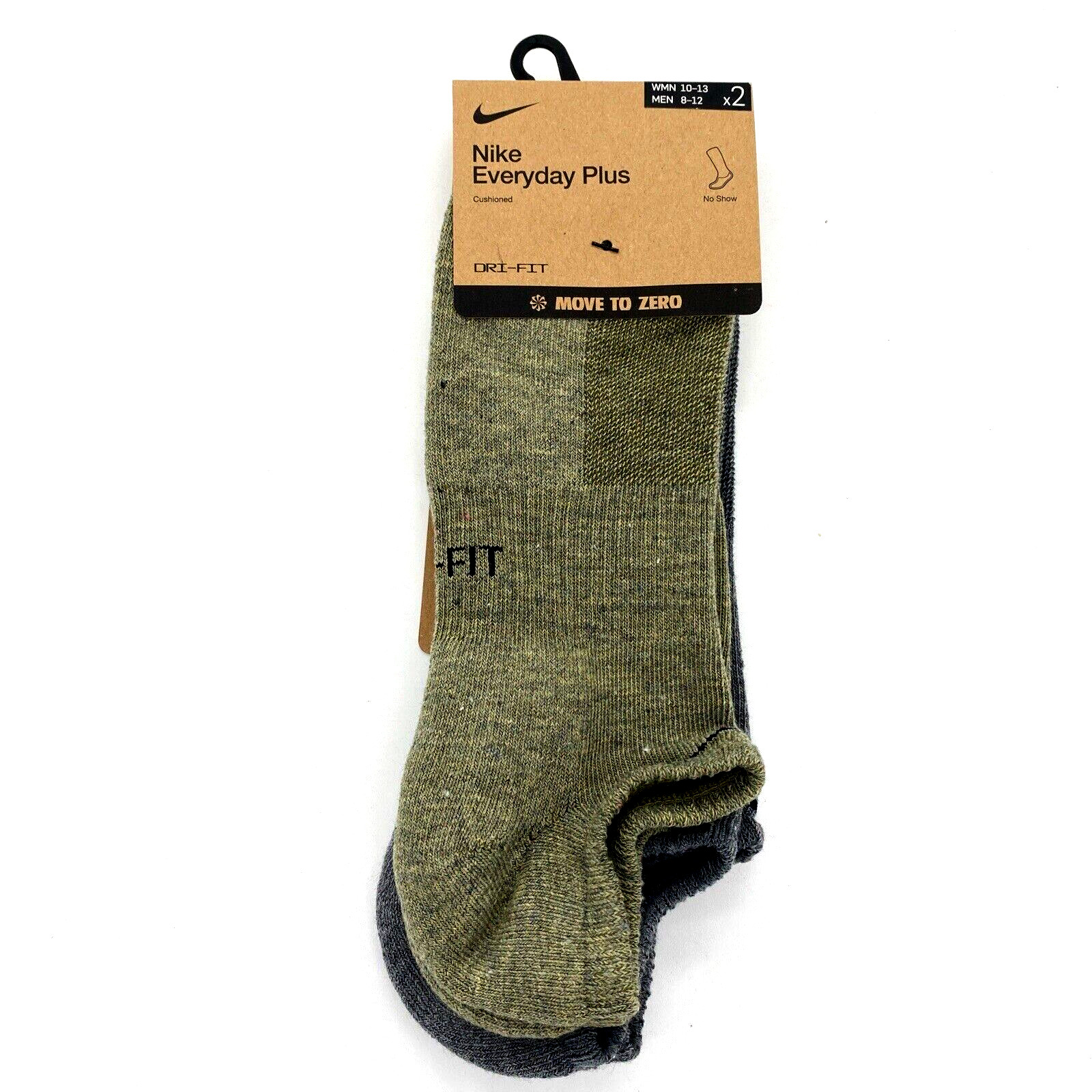 Men's Nike 2-Pack Everyday Plus Cushioned No-Show Socks (8-12) Green Heathr Grey