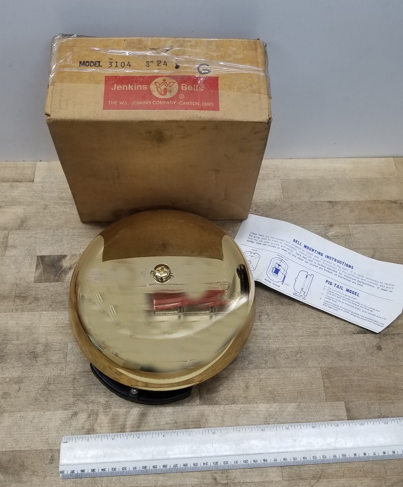 New W.L. Jenkins Alarm Bell 3104G 60C 8” 24VAC, 1.2A, Gold/Brass Plated Bell