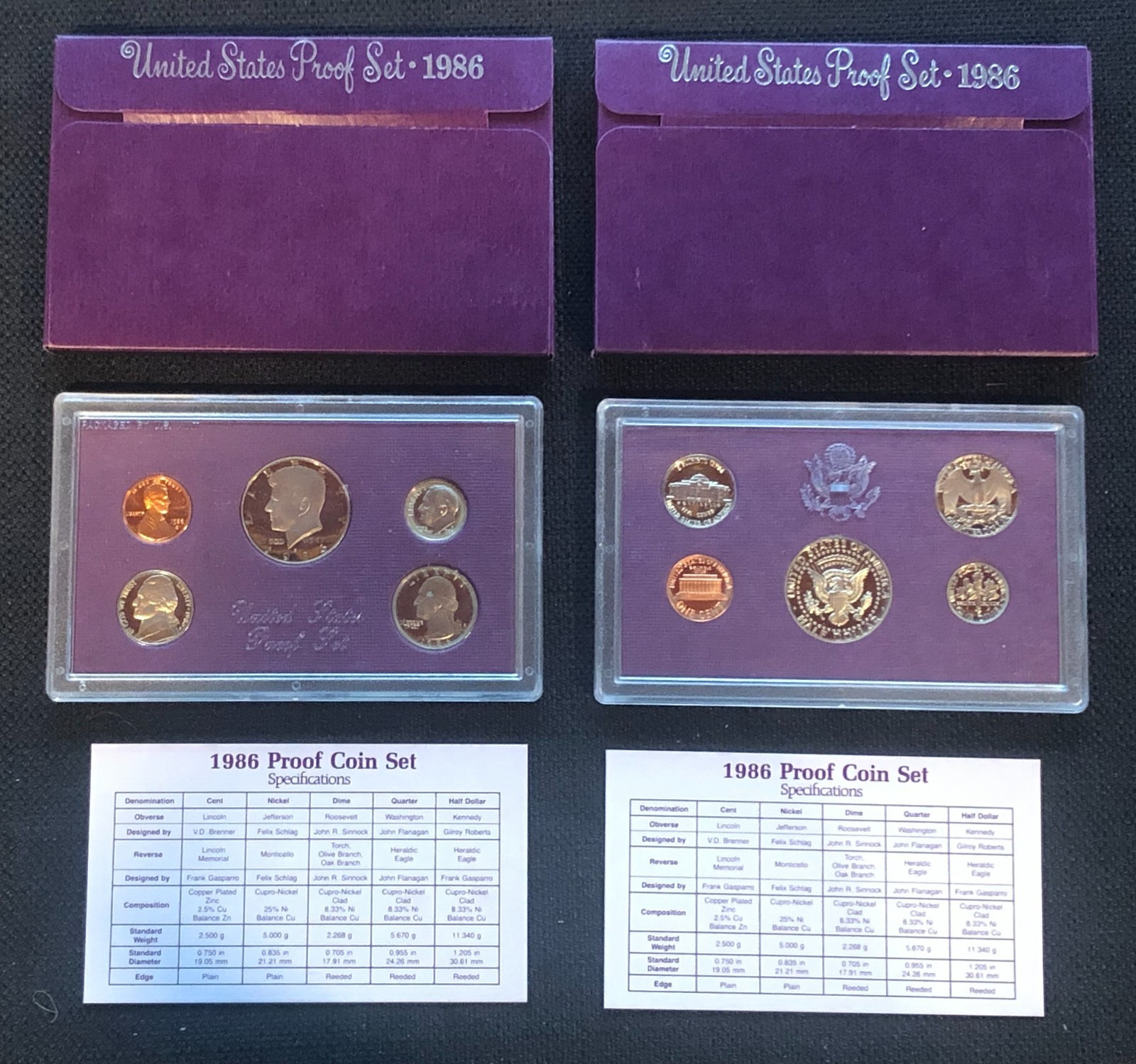 (2)x 1986-S PROOF SETS U.S. Mint (5 Coins each Set) w/Packaging & COAs LOT