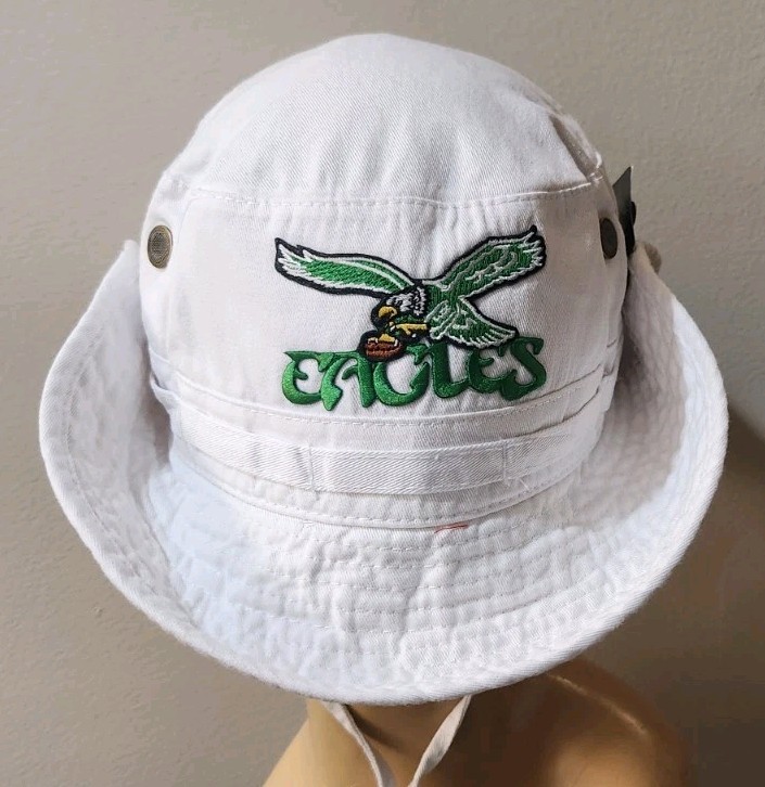 Philadelphia Eagles Throwback White Boonie Hat Side Snaps Up & Chin Strap