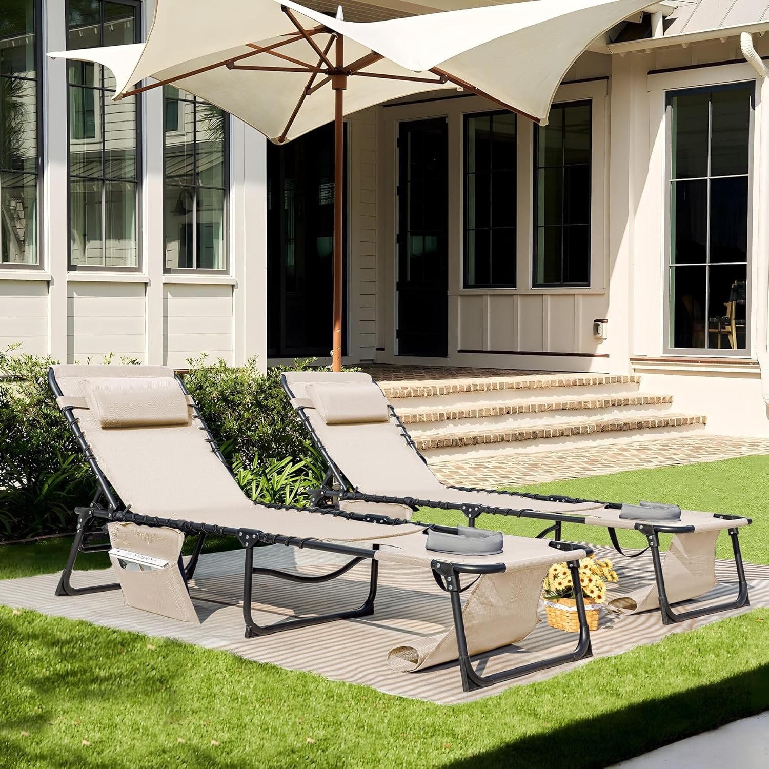 Face Down Chaise Lounge Chair 5-Position Adjustable Sunbathing (Beige, 1 Pcs)