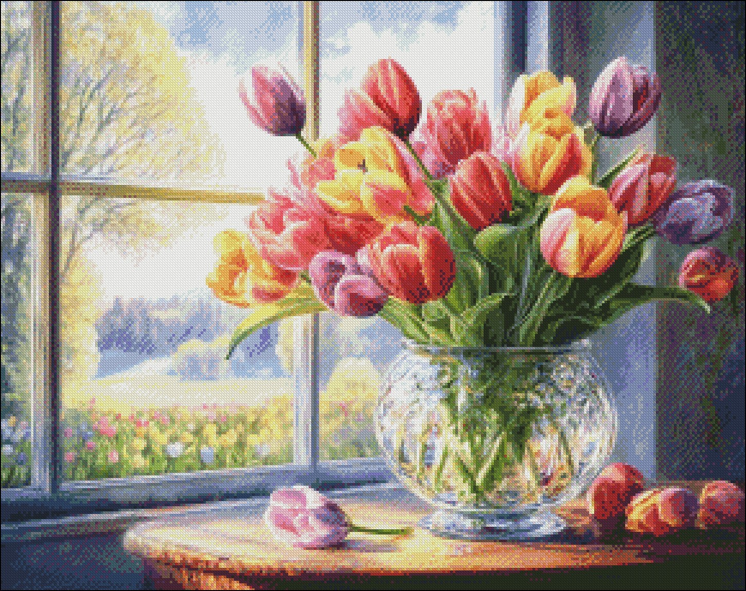 Spring Tulips by the Window DIY Chart Counted Cross Stitch Patterns Needlework