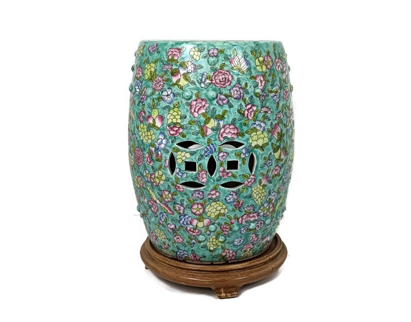 Chinese family Rose porcelain green vintage garden stool seat on wooden base gor