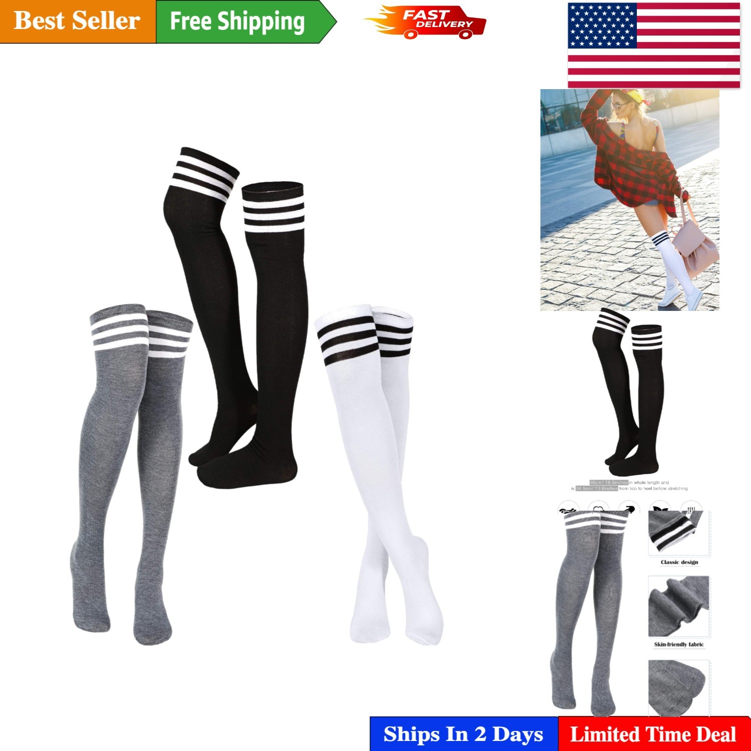 Fashionable Thigh High Socks - 3 Pairs of Opaque Striped Legwear for All Seasons