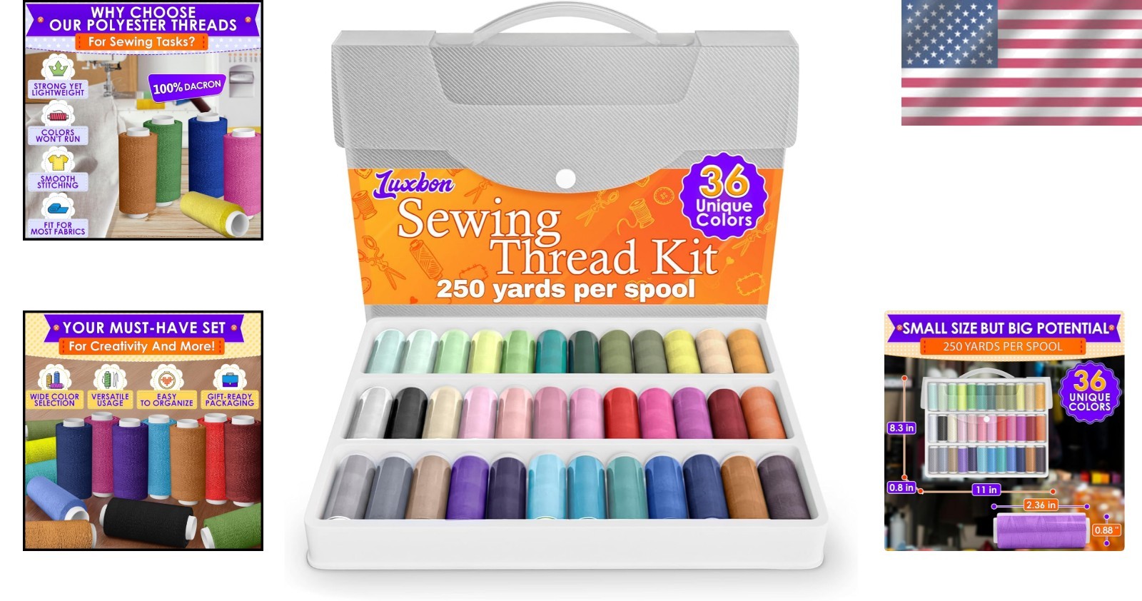 Complete Sewing Thread Collection - 36 Colors, 250 Yards Spools for DIY Projects
