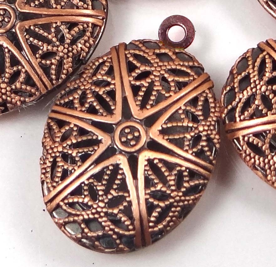 4 Antiuque Copper Filigree Hollow Locket Oval Pendants 24x16mm