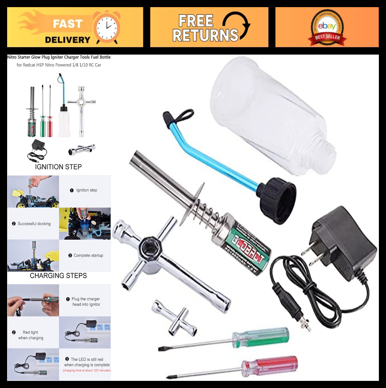 Nitro RC Starter Glow Plug Igniter Charger & Fuel Bottle Combo for 1/8 1/10 Cars
