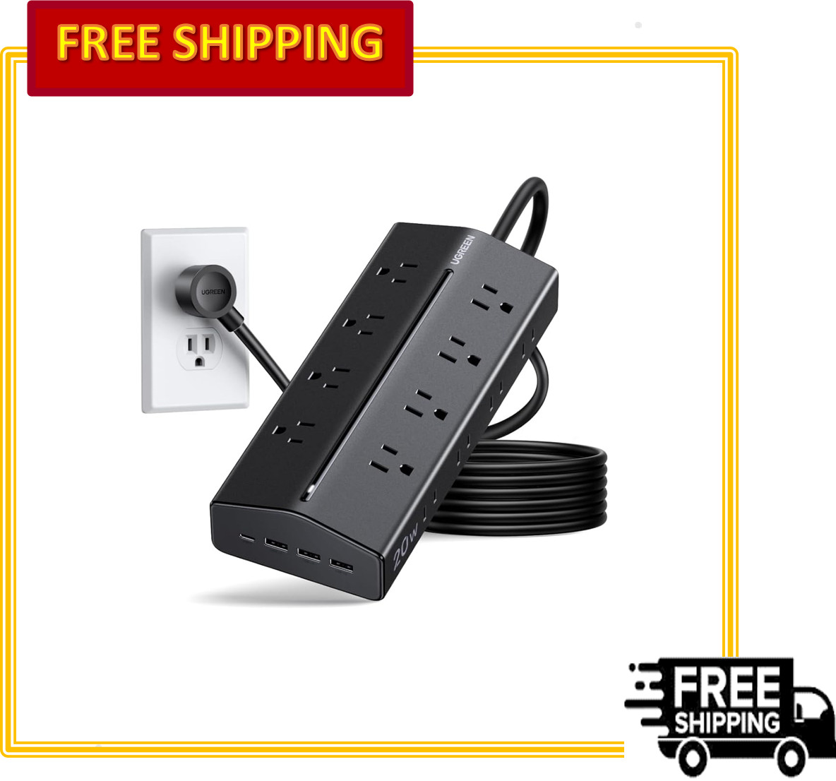 UGREEN 20-in-1 Power Strip 16AC + 4USB 20W Fast Charge Wide Spacing 1.5m Cord