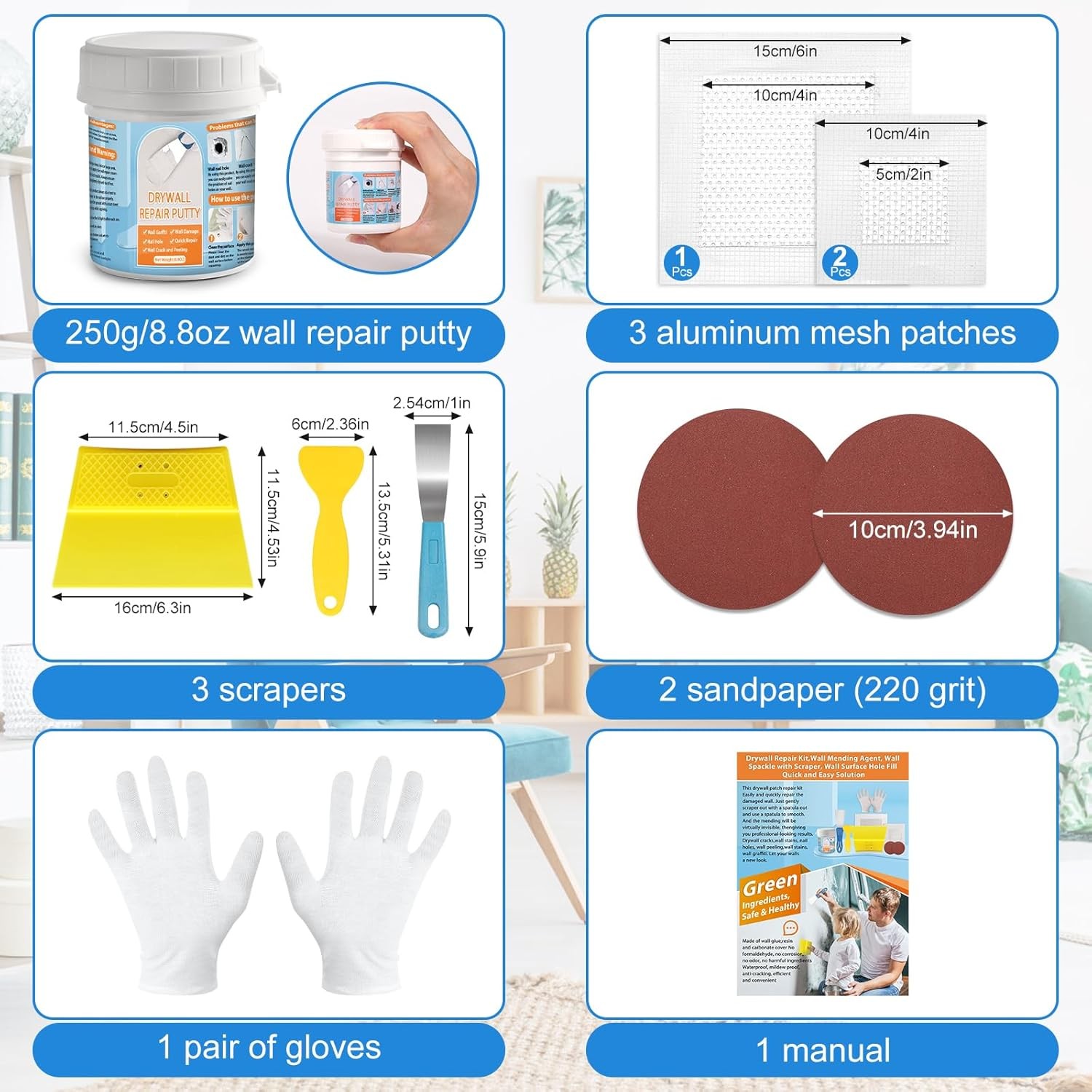 Drywall Repair Kit, Patch 8.8OZ White Wall Putty Kit