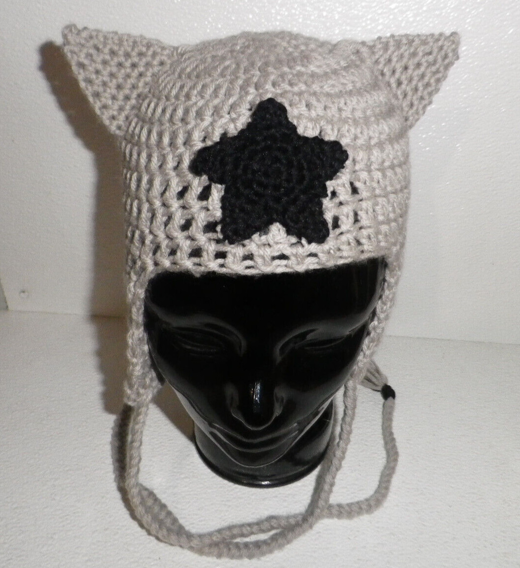 Handmade Crochet Cat Ear Beanie Hat Star Kitty Adult Ear Flap Tie USA
