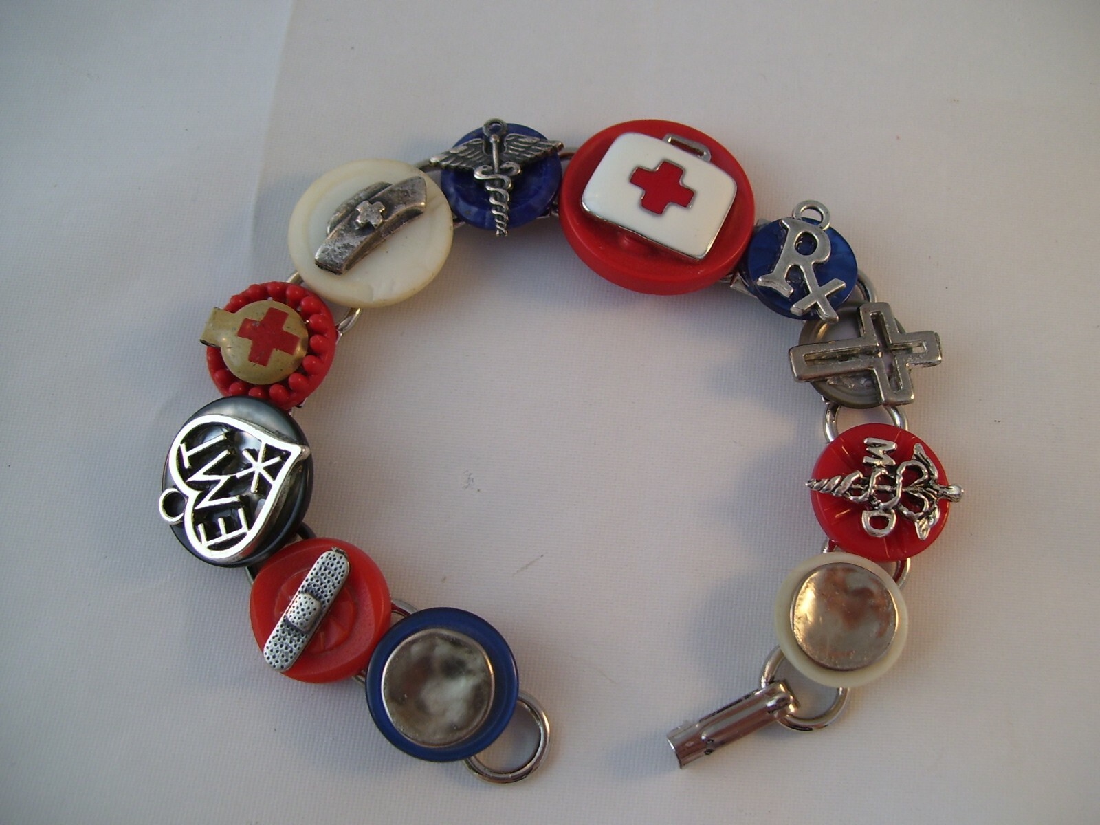 Stacked Vtg Button Bracelet Medical EMT Caduceus RX Hand Made Wearable Art OOAK