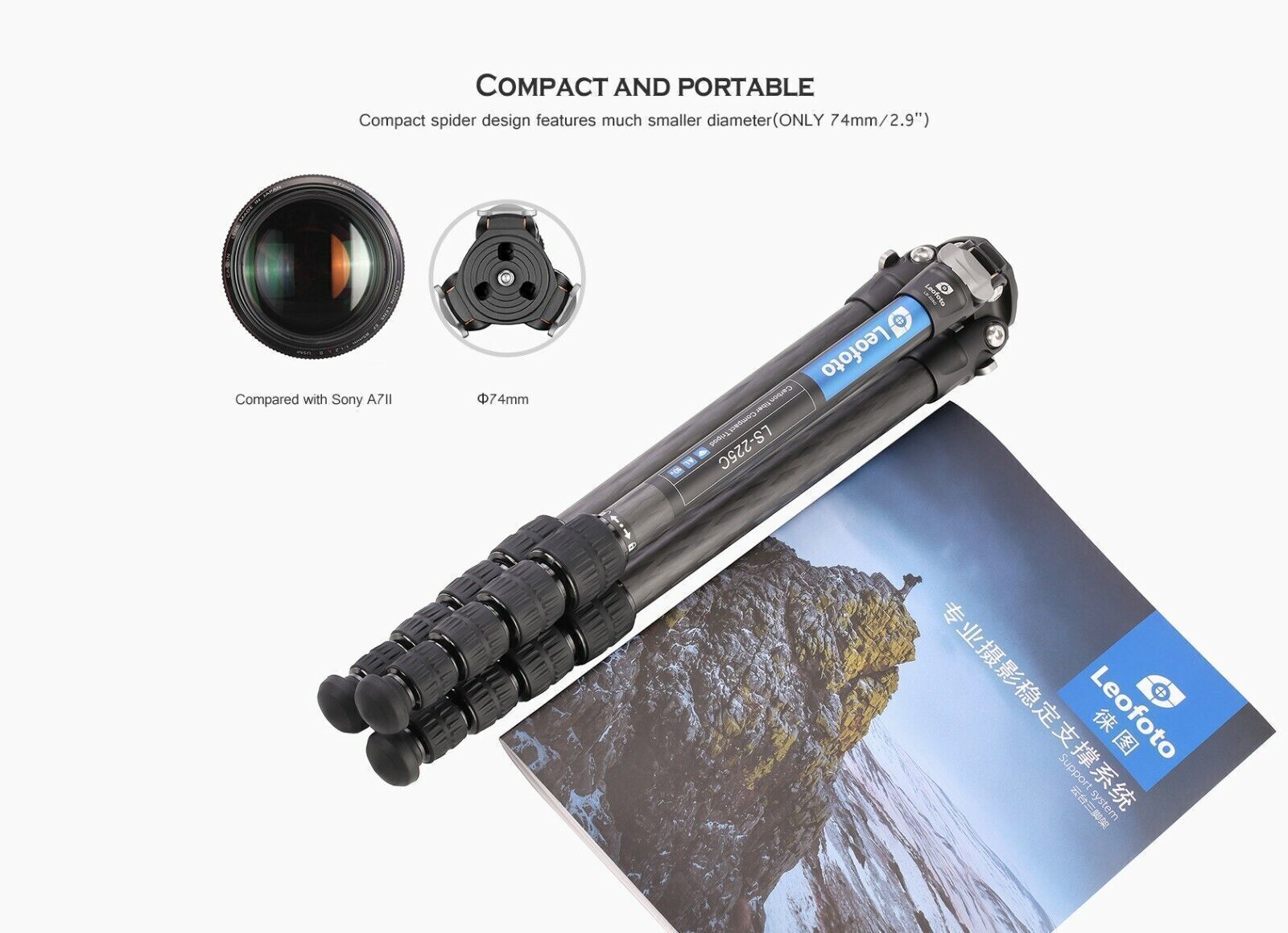 Leofoto LS-225C + LH25 + DC-222C Professional Carbon Fiber Tripod Set