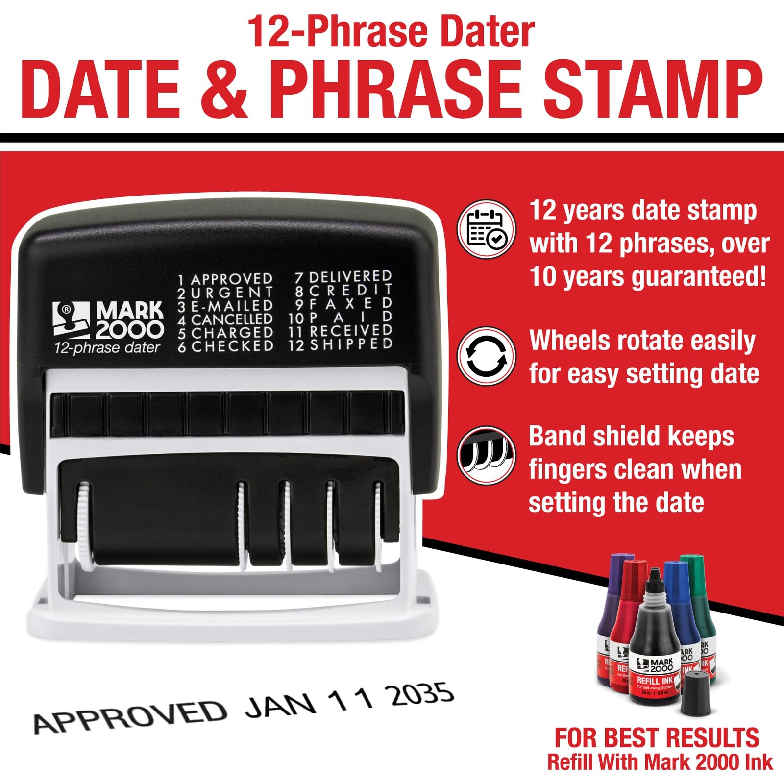 12Phrase Dater Date And Phrase SelfInking Stamp Black Ink Office Tool
