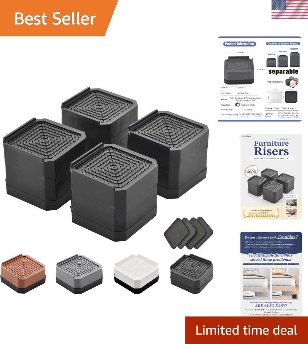 Heavy-Duty Rectangular Bed Risers - Adjustable 3 to 4.3 Inches - Space Enhancer