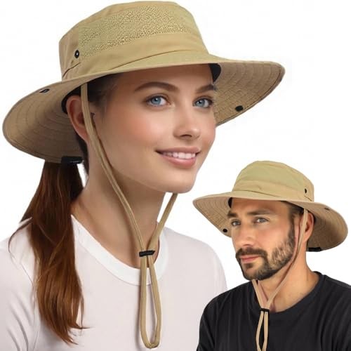 Sun Hats for Men Women, Wide Brim Bucket Hat UPF 50+ UV One Size 01 Kahki