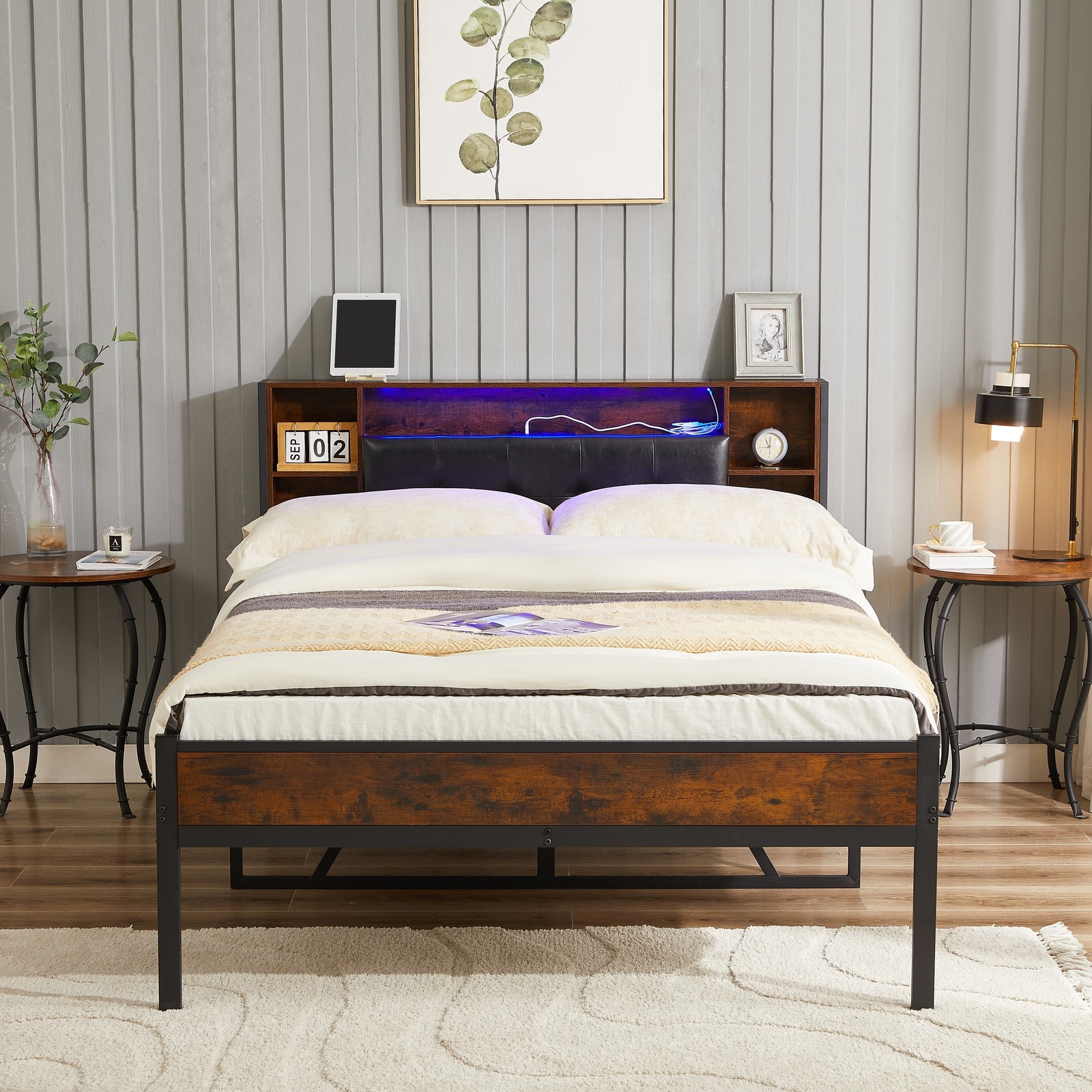 Full Size Metal Bed Frame with Storage Wood Headboard Power USB Charging Station