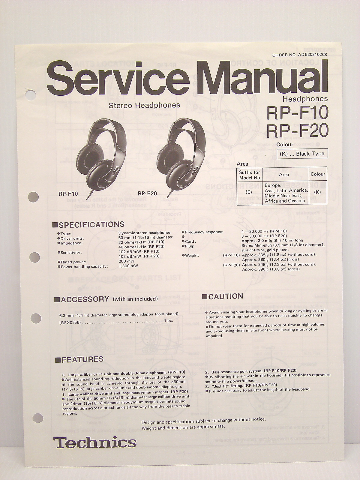 Technics Original Service Manual RP-F10 RP-F20 Headphones