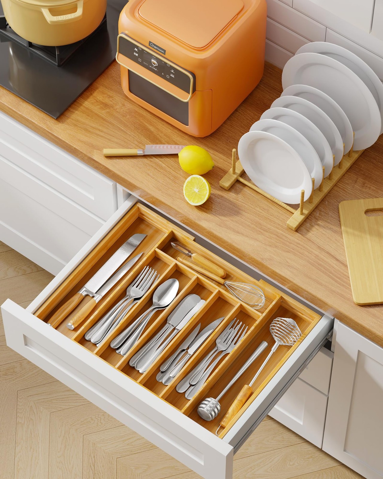 Kitsure Large Bamboo Silverware Organizer - Expandable Extra Large, Natural