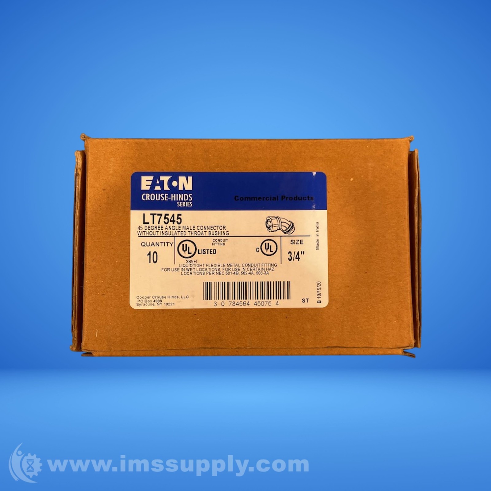 Crouse Hinds LT7545 Box of 10 45 Degree Male Connectors FNOB