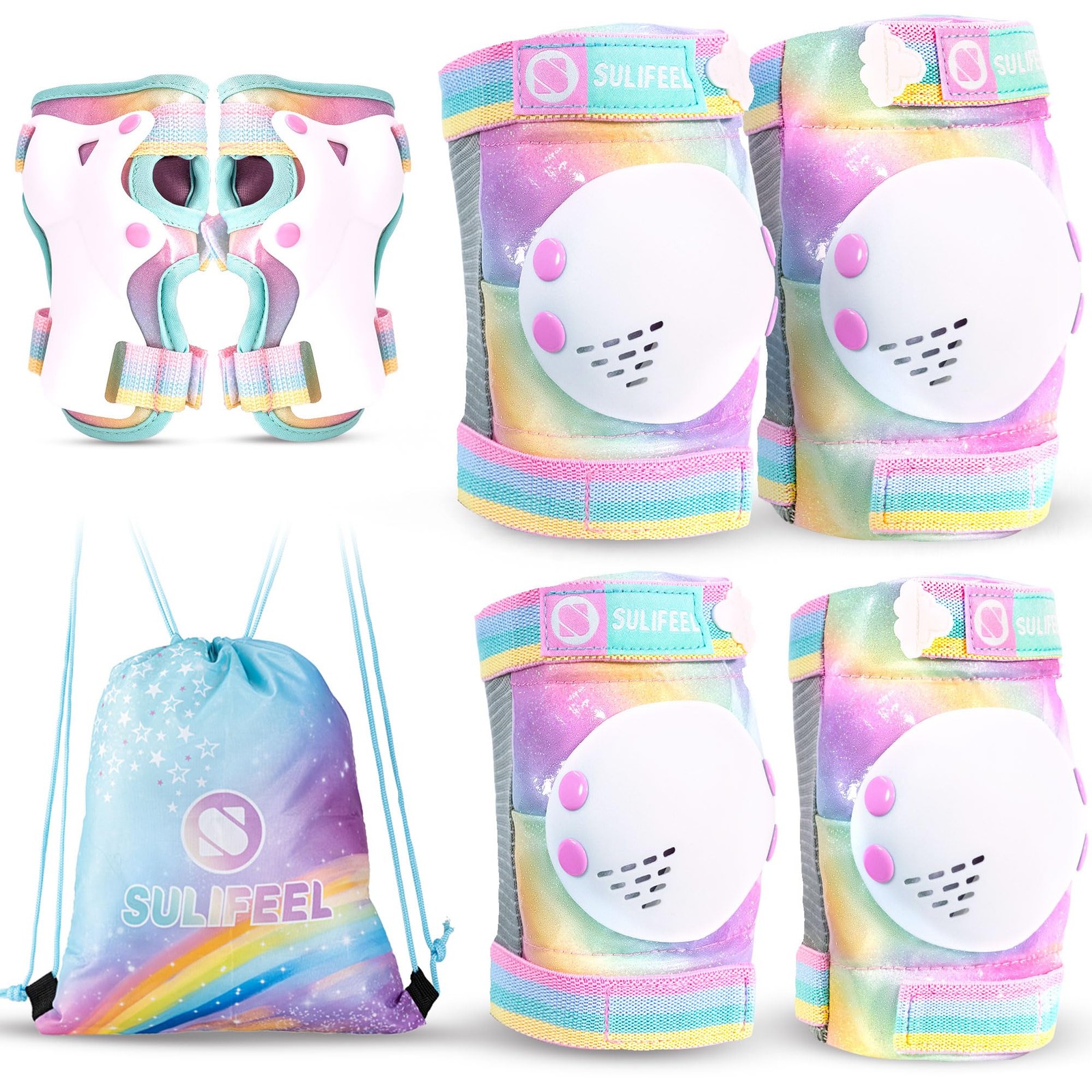 SULIFEEL Rainbow Unicorn Knee Pads for Kids Knee Elbow Pads Wrist Guards with Dr