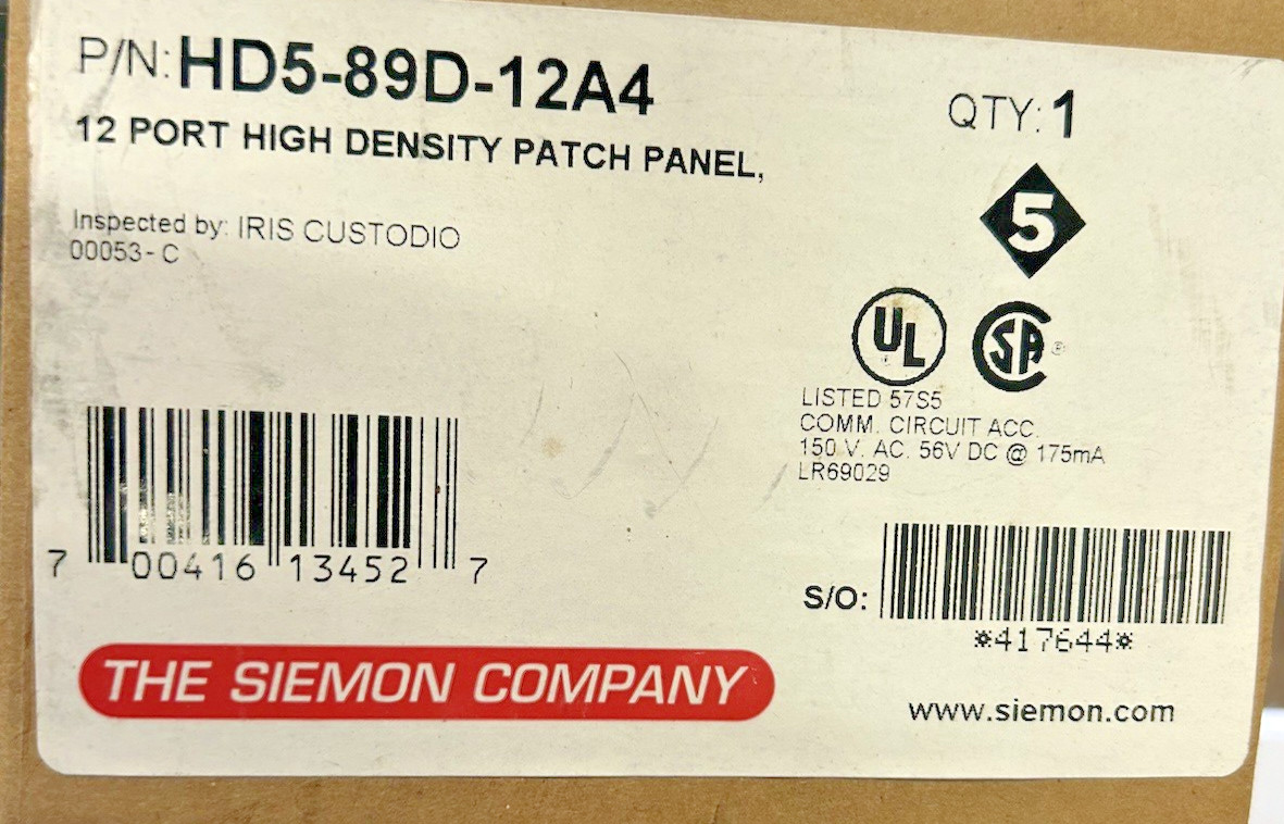 SIEMON HD5-89D-12A4, 12-port High Density Patch Panel, NEW