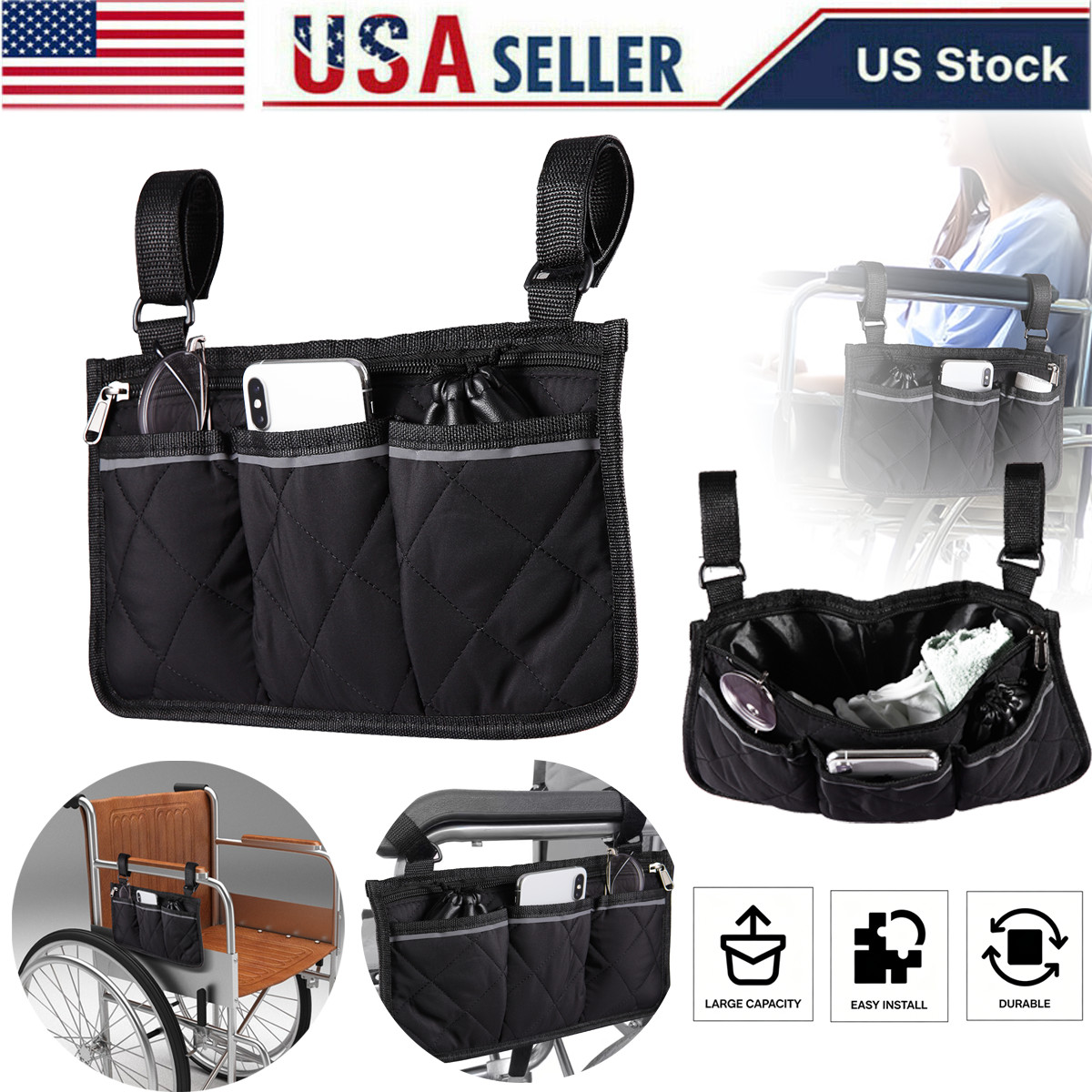 Wheelchair Side Storage Bag Armrest Organizer Pouch with Cup Holder for Walker