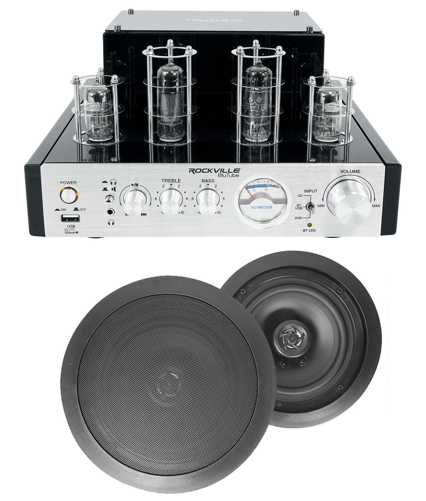 BluTube Tube Amplifier/Home Theater Receiver+(2) 6.5" Black Ceiling Speakers
