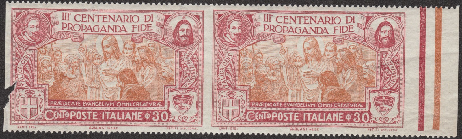 ITALY 1923 30c IMPERF VERTICALLY 144c, MINT NEVER HINGED RT MARGIN PAIR! $1,600