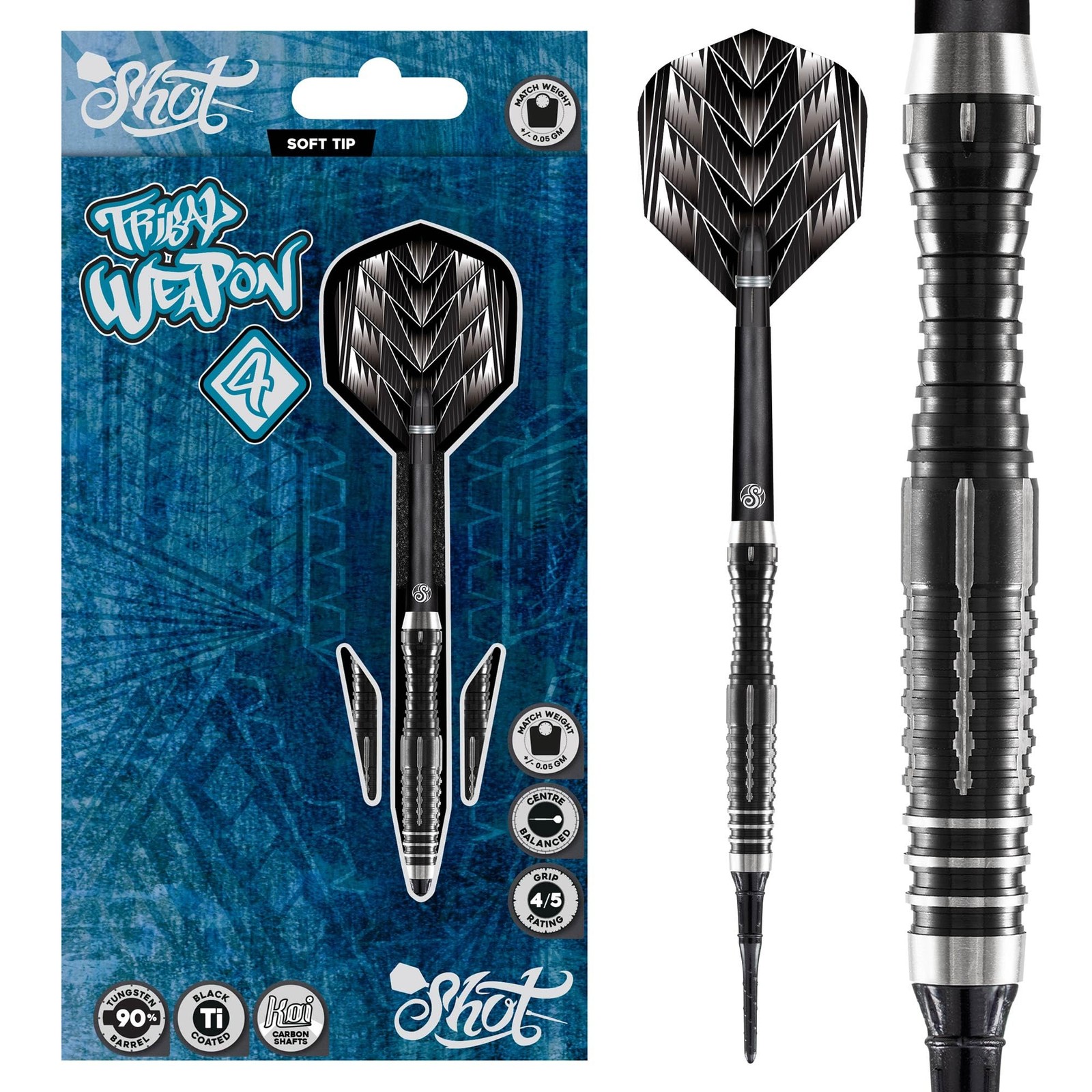 Shot! Shot Darts Soft Tip Tribal Weapon 4 18G / 20G 90 Tungsten Barrels Center
