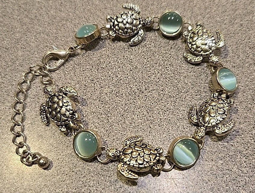 Silver Turtle Bracelet with Blue Glass Charms, Adjustable 7.5"- 9"