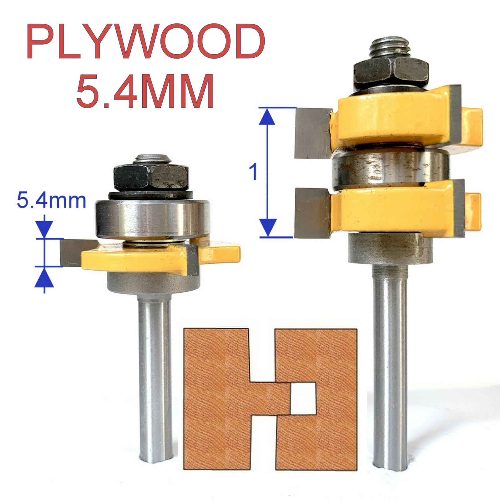 2 pc 1/4" SH 1" Stock 1/4 Plywood 5.4MM Tongue & Groove Router Bit Set