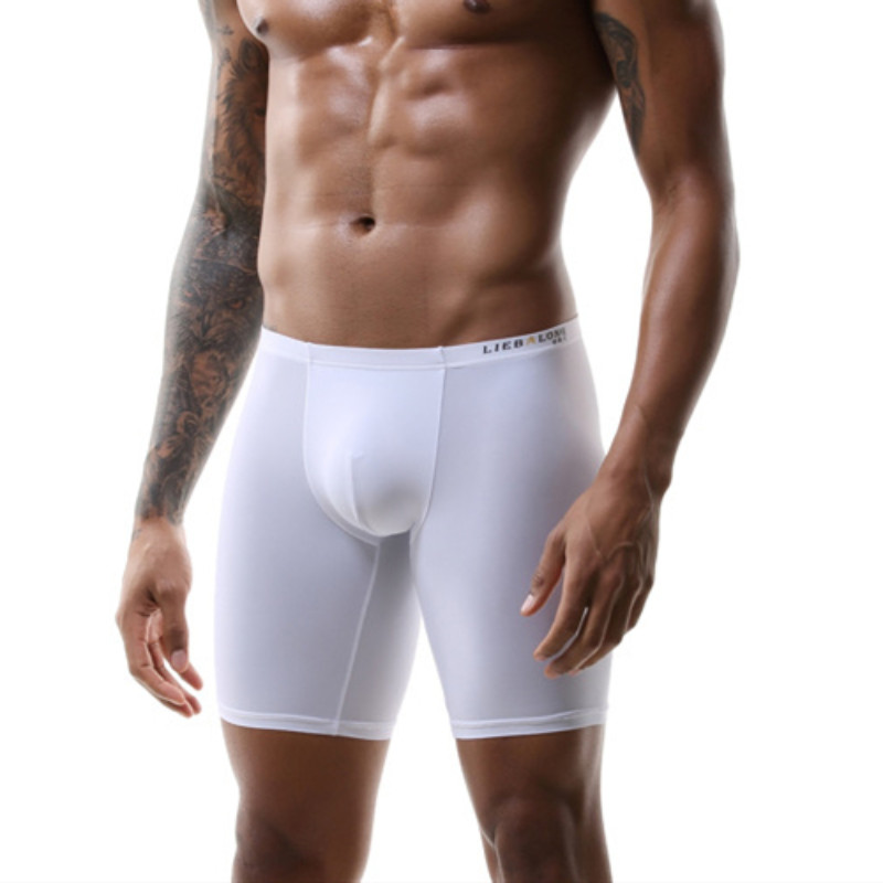 Ice Silk Long Men Boxer Low Waist Solid Underwear Boxer Shorts Long Leg Trunks