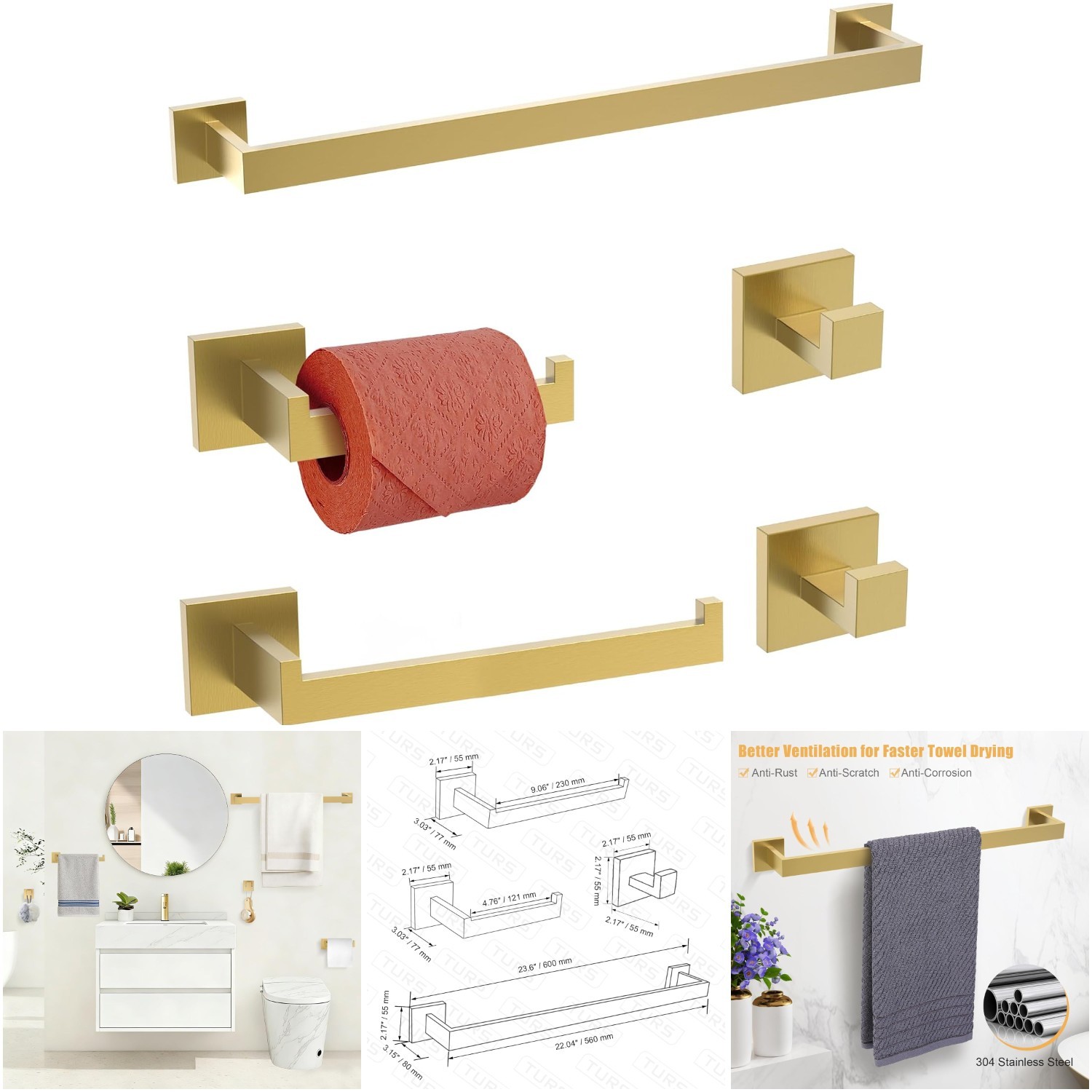 5 Piece Bathroom Hardware Accessories Set Stainless Steel Brushed Gold Towel Bar