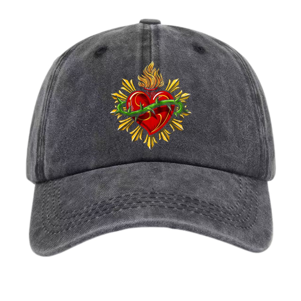 Traditional Sacred Heart Thorn Flame Catholic Faith Casual Vintage Baseball Cap