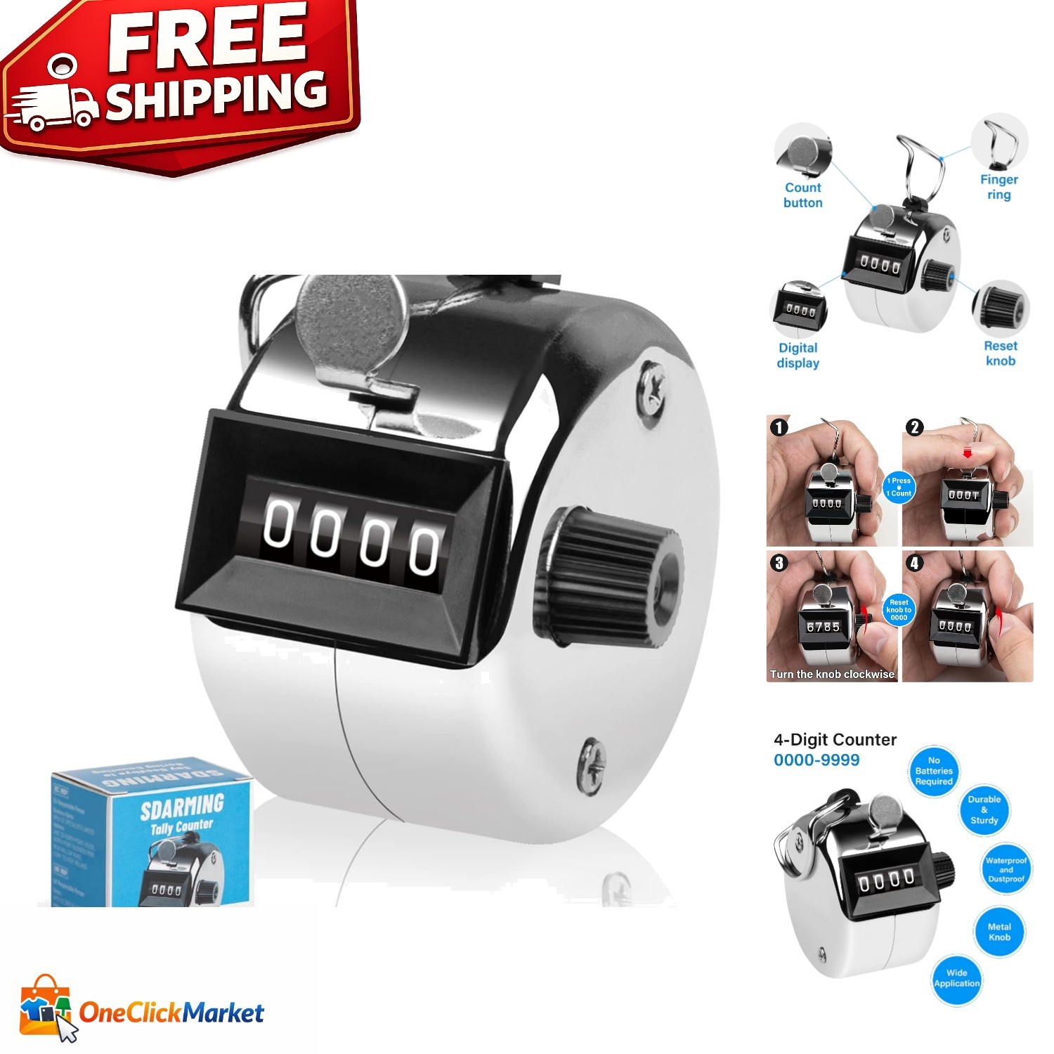Durable 4-Digit Clicker Counter - Easy Reset, Ideal for Lap Counting and Fishing