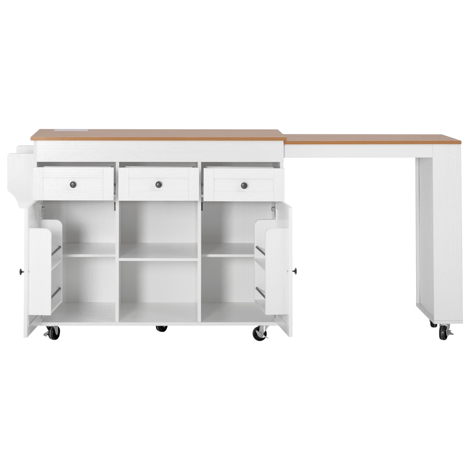 White Kitchen Island with Extendable Dining Table, 3 Drawers, 2 Doors, 85.5"