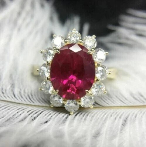 3Ct Lab Created Ruby Diamond Pretty Halo Engagement Ring 14K Yellow Gold Finish