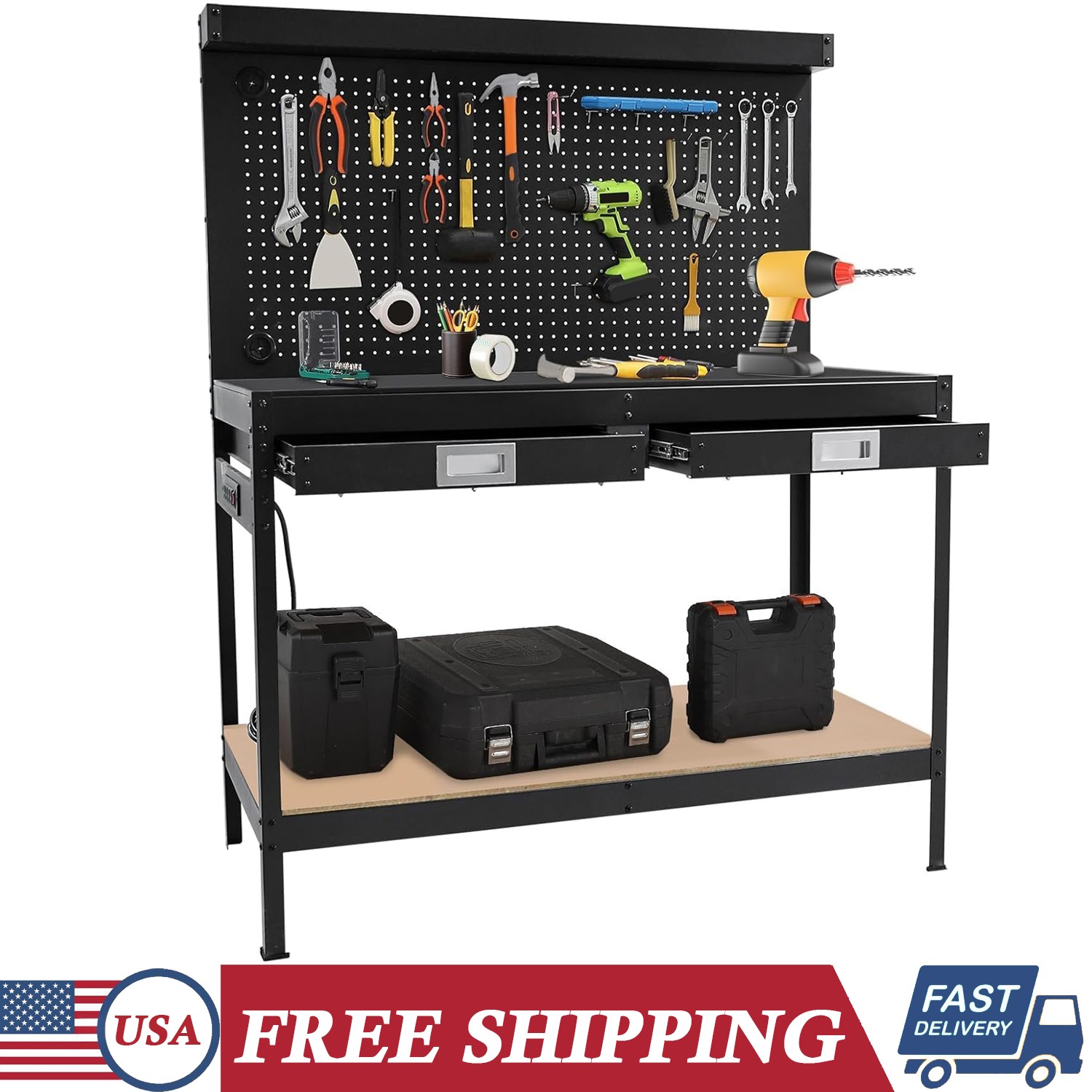 48x22 in Workbench 2 Tier Garage Tool Storage Work Table w/ Pegboard & 2 Drawers