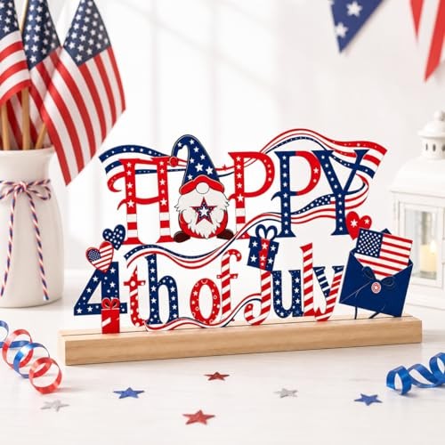 Decorations, Happy Metal Table Sign with Wooden Base, Red White and 4th of July