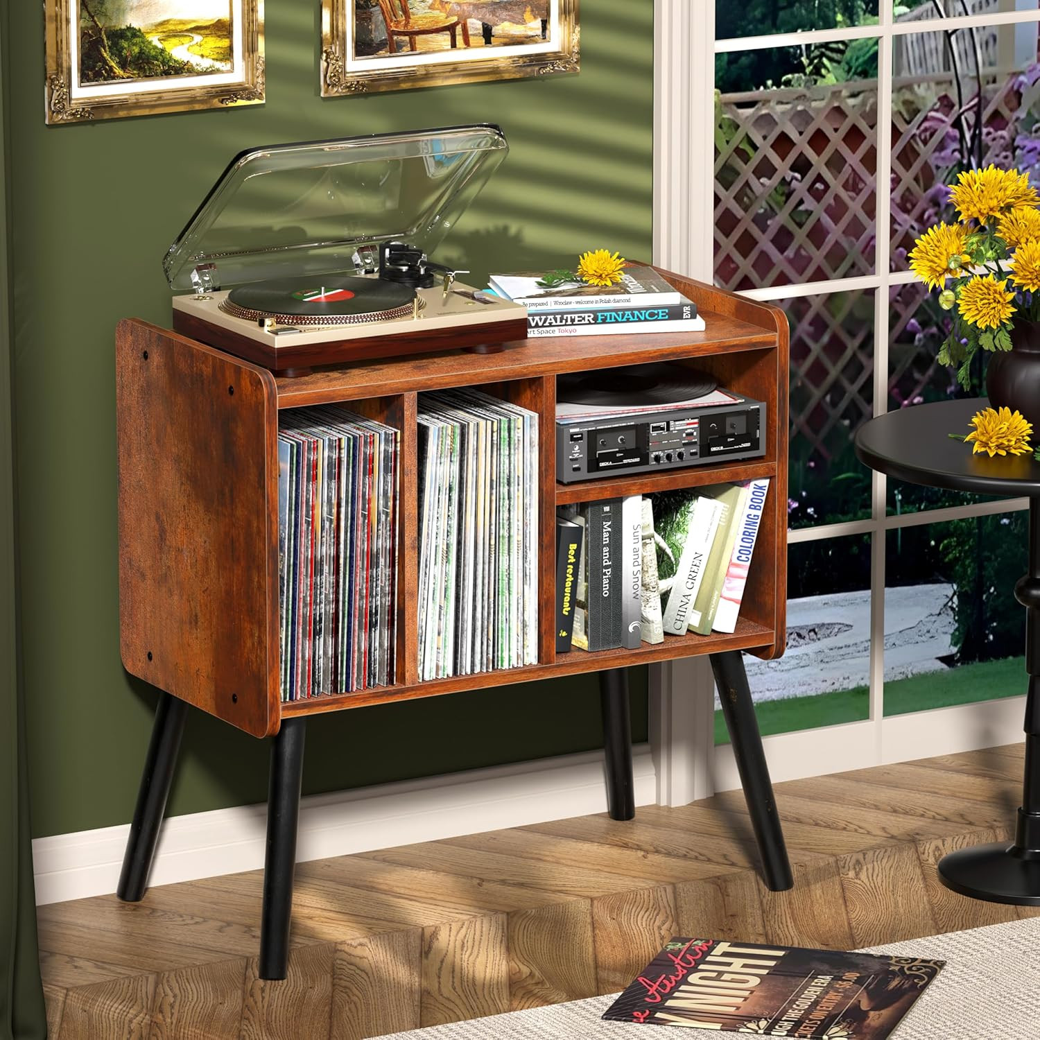 Record Player Table, Mid-Century Record Player Stand with Vinyl Storage Hold up